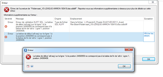 Error message in Trados Studio 2015 displaying a validation error for an XLIFF file. It indicates a mismatch between start tag 'sdl:seg' and end tag 'sdl:s'.