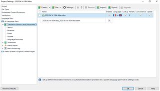 Screenshot of Trados Studio project settings showing a memory with another memory listed underneath it, indicating a potential error in memory configuration.