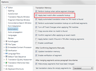 Trados Studio Options dialog box with Translation Memory section open, showing 'Apply best match after successful lookup' option checked.