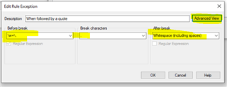 Screenshot of Trados Studio's 'Edit Rule Exception' dialog box in BASIC view showing an incorrect regular expression 'w+..+ ' in the 'Before break' field.
