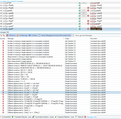 Screenshot of Trados Studio showing a list of errors related to number formatting in a translation project, with multiple entries highlighted in red.