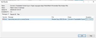 Error message in Trados Studio Task Results window showing 'Input string was not in a correct format.'