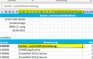 Excel file screenshot showing merged cells from column F to P with text 'Sortier- und Zufuhreinrichtung'.