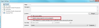 Screenshot of Trados Studio Project Settings window with an error message highlighted in red stating 'Unable to apply segment merge across paragraphs'.