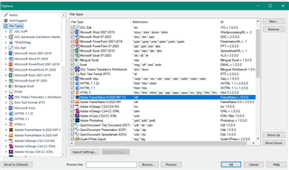 Trados Studio 2021 options menu showing file types with Adobe FrameMaker 8-2020 MIF V2 highlighted indicating support.