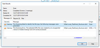 Trados Studio Task Results window showing two warnings. First, 'Pre-scanning failed to identify the file type.' Second, 'The selected file was created by an unsupported version of Adobe InDesign.'
