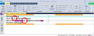 Trados Studio interface showing a project with four lines of text. Two lines are highlighted with red circles indicating an error with strange box characters.