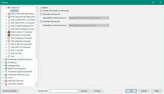 Trados Studio screenshot showing file type settings with the embedded content processor option selected.