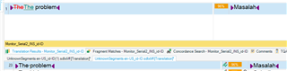 Screenshot of Trados Studio showing a translation result window with the word 'The' marked in red strikethrough and inserted in skyblue, indicating a non-100% match with the TM's TU despite identical source texts.