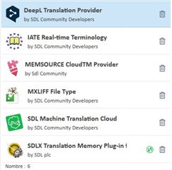 Screenshot of Trados Studio showing a list of installed plugins including DeepL Translation Provider, IATE Real-time Terminology, MEMSOURCE CloudTM Provider, MXLIFF File Type, SDL Machine Translation Cloud, and SDLX Translation Memory Plug-in.