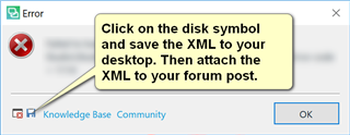 Error dialog box in Trados Studio instructing to click on the disk symbol and save the XML to desktop, then attach the XML to forum post.