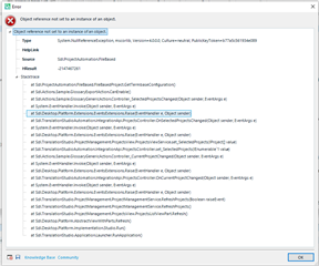 Error message in Trados Studio 2019 stating 'Object reference not set to an instance of an object.' with a stack trace of the error below.
