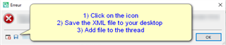 Error message dialog box with instructions: 1) Click on the icon, 2) Save the XML file to your desktop, 3) Add file to the thread.