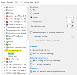 Screenshot of Trados Studio 2019 project settings window, with 'Delimited Text File' selected and delimiter set to '** GG:' under 'Column Definitions'.