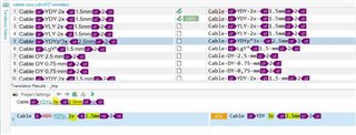 Trados Studio editor window with a list of cable types, showing auto-substitution applied to numbers and measurements in the source and target columns after reopening the files.
