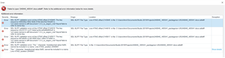Error message window in SDL Trados Studio showing multiple file path errors indicating missing or inaccessible project files.