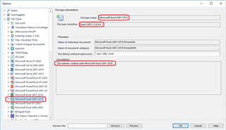 Trados Studio options window showing file type information for Microsoft Excel 2007-2013 with a description 'Documents created with Microsoft Excel 2007-2013'.