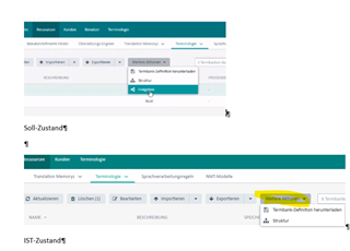 Trados Studio interface with a focus on the 'Weiterleiten' button being greyed out under the 'Aktionen' menu, indicating it is not clickable.
