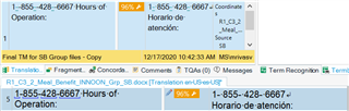 Screenshot of Trados Studio 2021 displaying a segment with a 95% match instead of 100%, indicating a difference in the phone number formatting '1-855-428-6667'.