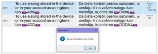 Screenshot of Trados Studio message box with 'No translation units found' after filtering for potential duplicates only.