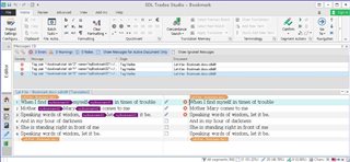 Screenshot of Trados Studio interface showing a translation segment with a warning for missing tag in the target text.
