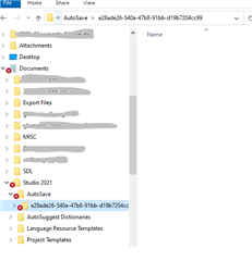Screenshot of Trados Studio 2021 file directory with an AutoSave folder highlighted, showing a syncing issue with OneDrive.