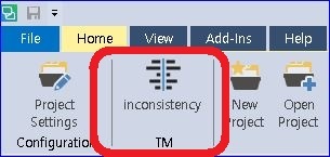 Screenshot of SDL Trados Studio interface showing an added plugin icon labeled 'inconsistency TM' in the toolbar.