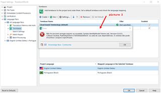 Error message popup in Trados Studio stating 'The requested service is not available' with a red arrow pointing to the IATE Terminology Provider.