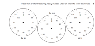 Screenshot of a Word file showing three dials with measurements in kilograms, indicating heavy masses, with text instruction above.