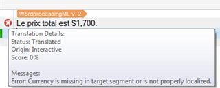 Error message in SDL Trados Studio stating 'Currency is missing in target segment or is not properly localized.'