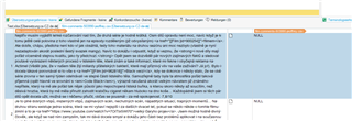 Screenshot of Trados Studio editor displaying a CSV file with HTML text format codes, showing unprocessed tags and plain text.