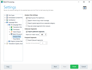 Trados Studio batch processing settings window with options for file types, report settings, and export options including 'Export unknown segments'.