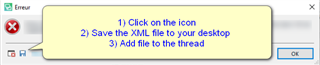 Error message dialog box with an 'X' icon indicating an error. Instructions include: 1) Click on the icon, 2) Save the XML file to your desktop, 3) Add file to the thread.