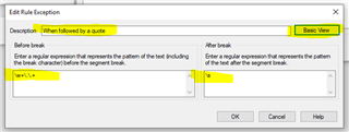 Screenshot of Trados Studio's 'Edit Rule Exception' dialog box in ADVANCED view with an erroneous regular expression 'w+..+ ' auto-generated by the software.
