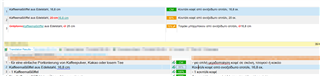 Trados Studio screenshot showing two columns with translation progress. Left column has green and orange bars indicating completed and reviewed segments. Right column has red warning symbols next to segments.