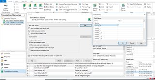 Trados Studio 2017 Import Wizard window showing options for importing a .tmx file into a Translation Memory, with a focus on the Field Values section where custom field values are being set.