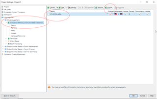 Trados Studio screenshot showing 'Project Settings' window with 'All languages' and 'English - Slovak' selected under 'Language Pairs'. 'Translation Memory and Automated Translation' is expanded with no visible TMs. An 'Export' button is highlighted at the top right.