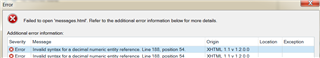Error message in Trados Studio stating 'Failed to open message header. Refer to the additional error information below for more details.' with two errors listed below regarding invalid syntax for a decimal numeric entity reference.