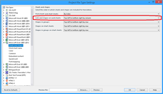 Screenshot of Trados Studio Project File Type Settings showing the first Excel menu option highlighted in red.