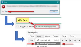 Error dialog box with red cross icon, 'Click here' button highlighted in Trados Studio, and 'Advanced Editing Options' in red outline.