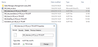 File Explorer window showing a list of files with one file named 'SM_Interview_FAQ_R_to_TR.XLIFF' selected and its properties window open, indicating the file type as XLIFF.