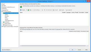Trados Studio Project Settings window with Translation Memory and Automated Translation section open, displaying a message about missing translation providers.