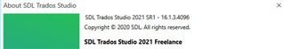 About SDL Trados Studio dialog box showing version number 2021 SR1 - 16.1.3.4096 and copyright information.