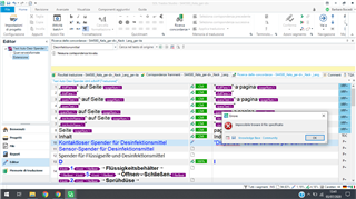 Trados Studio 2017 interface showing a German to Italian translation project with an error message popup reading 'Impossibile trovare il file specificato'.