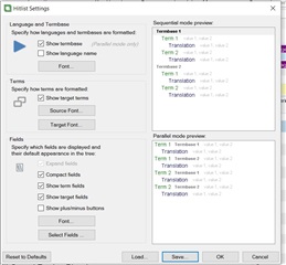 Trados Studio Hitlist Settings window showing options for language and terms, terms display format, and fields with a preview of sequential mode and parallel mode.