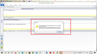 Screenshot of Trados Studio with a warning dialog box stating 'The translation provider googletranslateMT is not available. To add it, select it again in the Add Translation Providers dialog.'