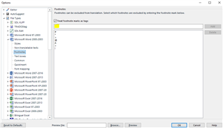 Trados Studio File Types Options window for Microsoft Word 2000-2003 with an empty 'Excluded inline tags' field.