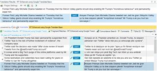 Screenshot of Trados Studio showing translation results from Google with a warning about 'Haitian Creole behavior' and 'personality' not supported.