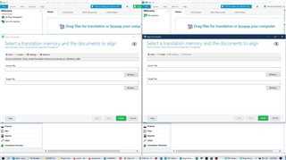 Side-by-side comparison of Trados Studio 2021 and 2019 showing the 'Align Single Pair' interface with the 'Finish' button greyed out in 2021 version.