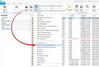 Trados Studio screenshot showing the 'Update Translation Memories' batch task option highlighted in the Projects view.